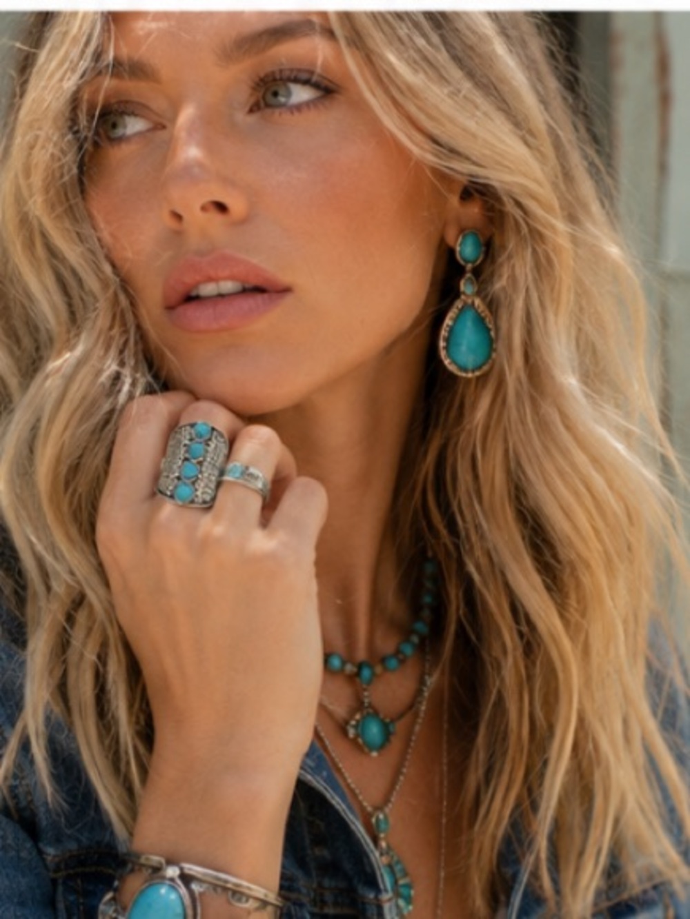 Turquoise Color Stretch Ring Silver Tone Western Boho Southwestern Statement